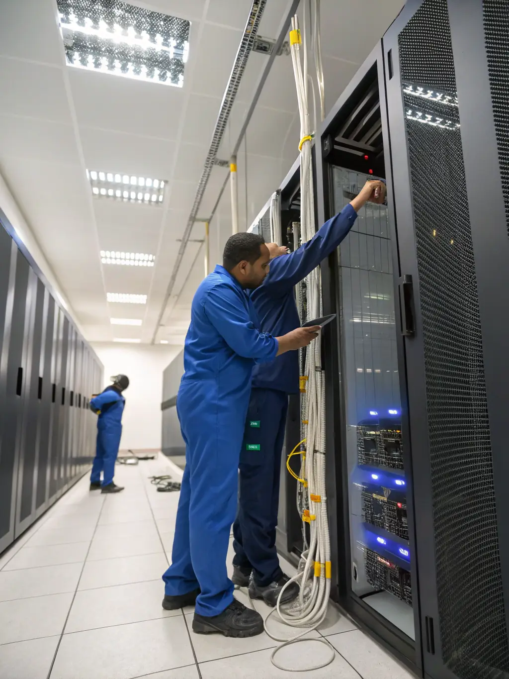 A network technician installing structured cabling in a well-organized server room, highlighting DataTel 360's expertise in Structured Cabling & Network Infrastructure.
