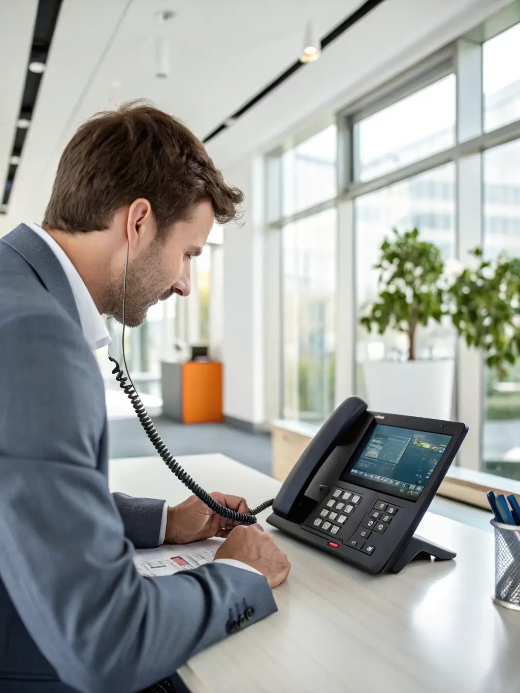A modern office desk with multiple VoIP phones and a computer screen displaying a user-friendly VoIP interface, showcasing DataTel 360's Business VoIP Phone Systems.