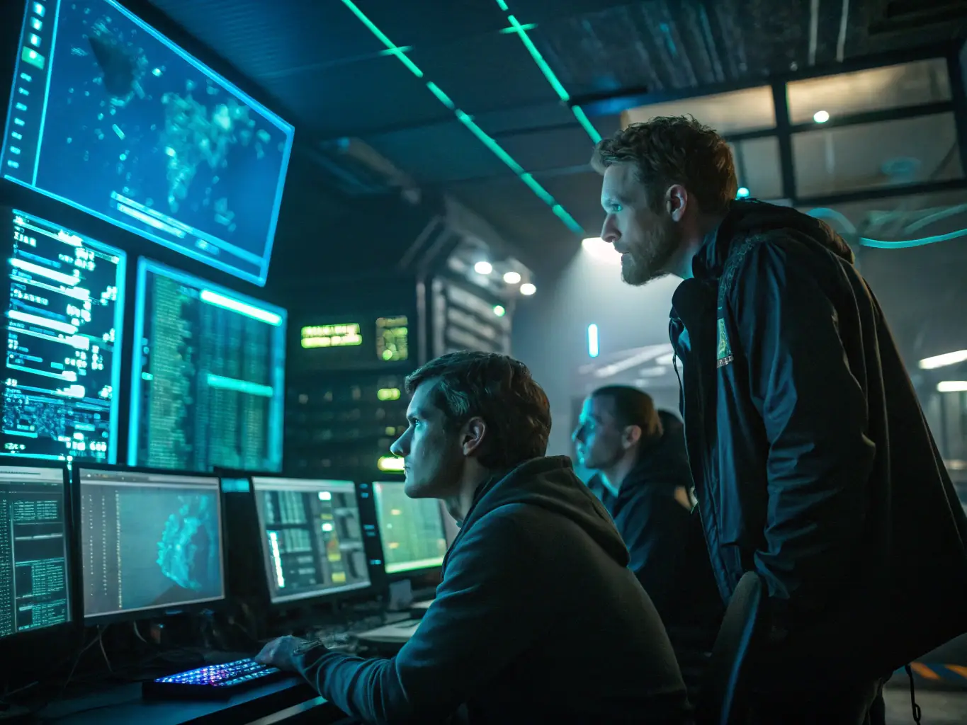 An image showing a network operations center with multiple screens displaying real-time network monitoring data and IT support tickets.