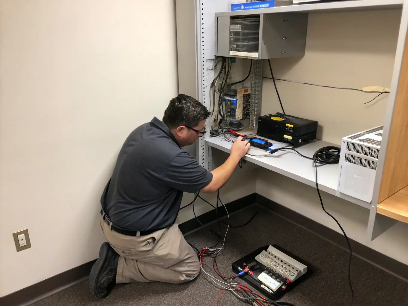 A technician is installing and configuring a VoIP phone system in a modern office environment, showcasing the seamless integration and enhanced communication capabilities.