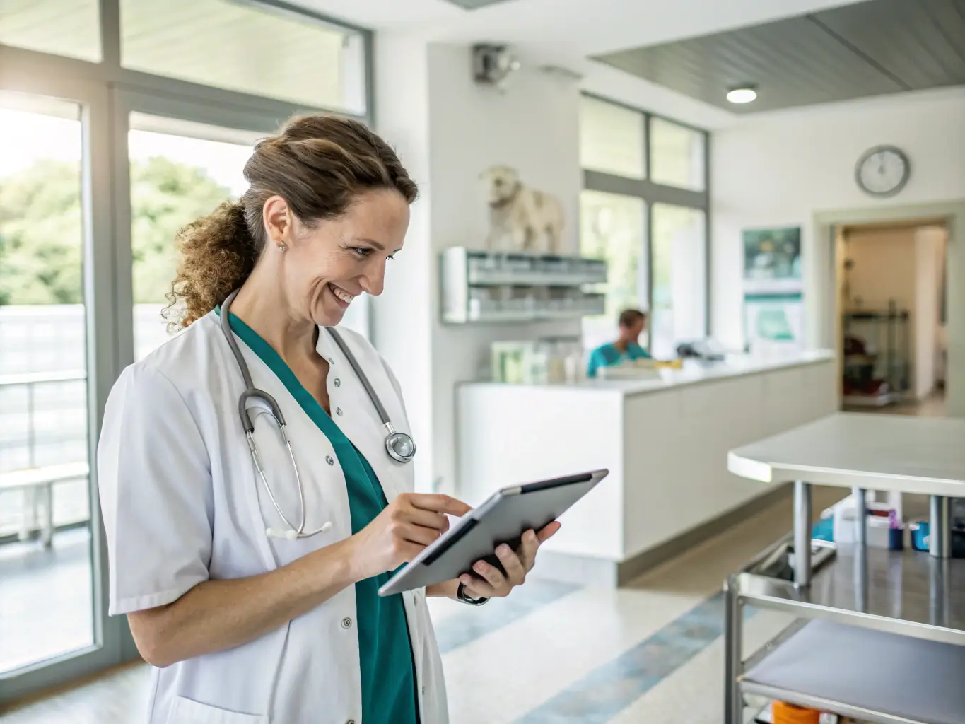 A veterinarian using a mobile app on their smartphone to manage calls and access voicemail while on the go, highlighting the mobile app feature for remote communication.