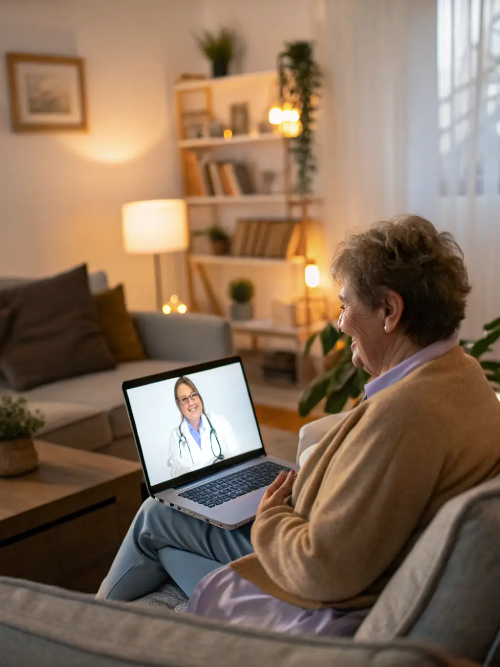 A doctor in a telehealth video conference with a patient, both smiling and engaged in a discussion about the patient's health, set in a modern medical office.