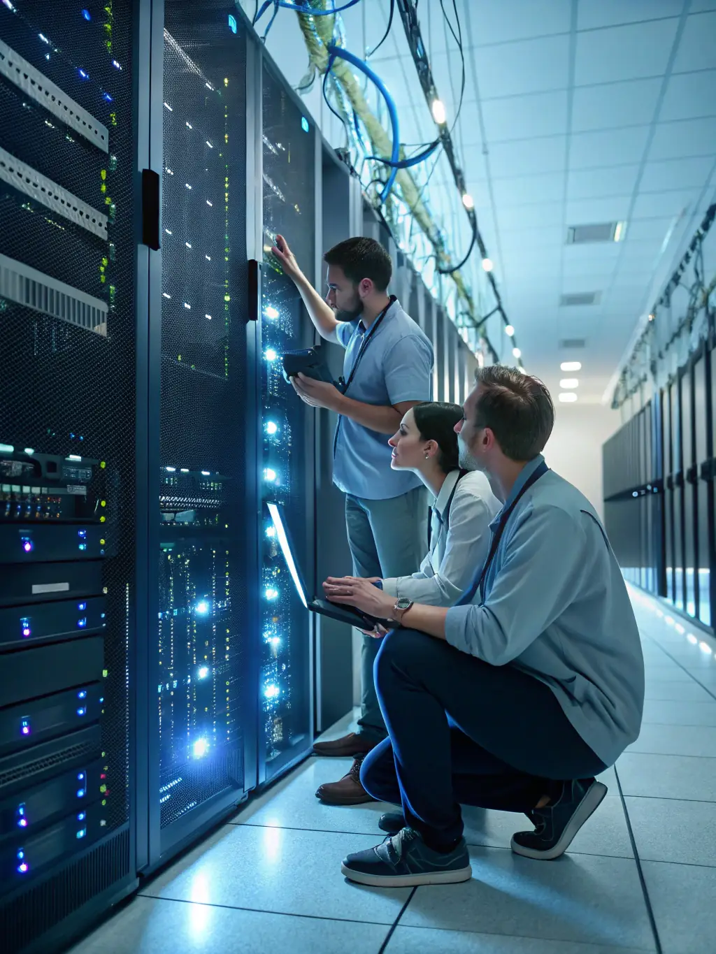 A photo of a technician using a cable tester to identify an unused network cable in a server room, highlighting the benefit of identifying and removing obsolete equipment during a DataTel 360 site survey.
