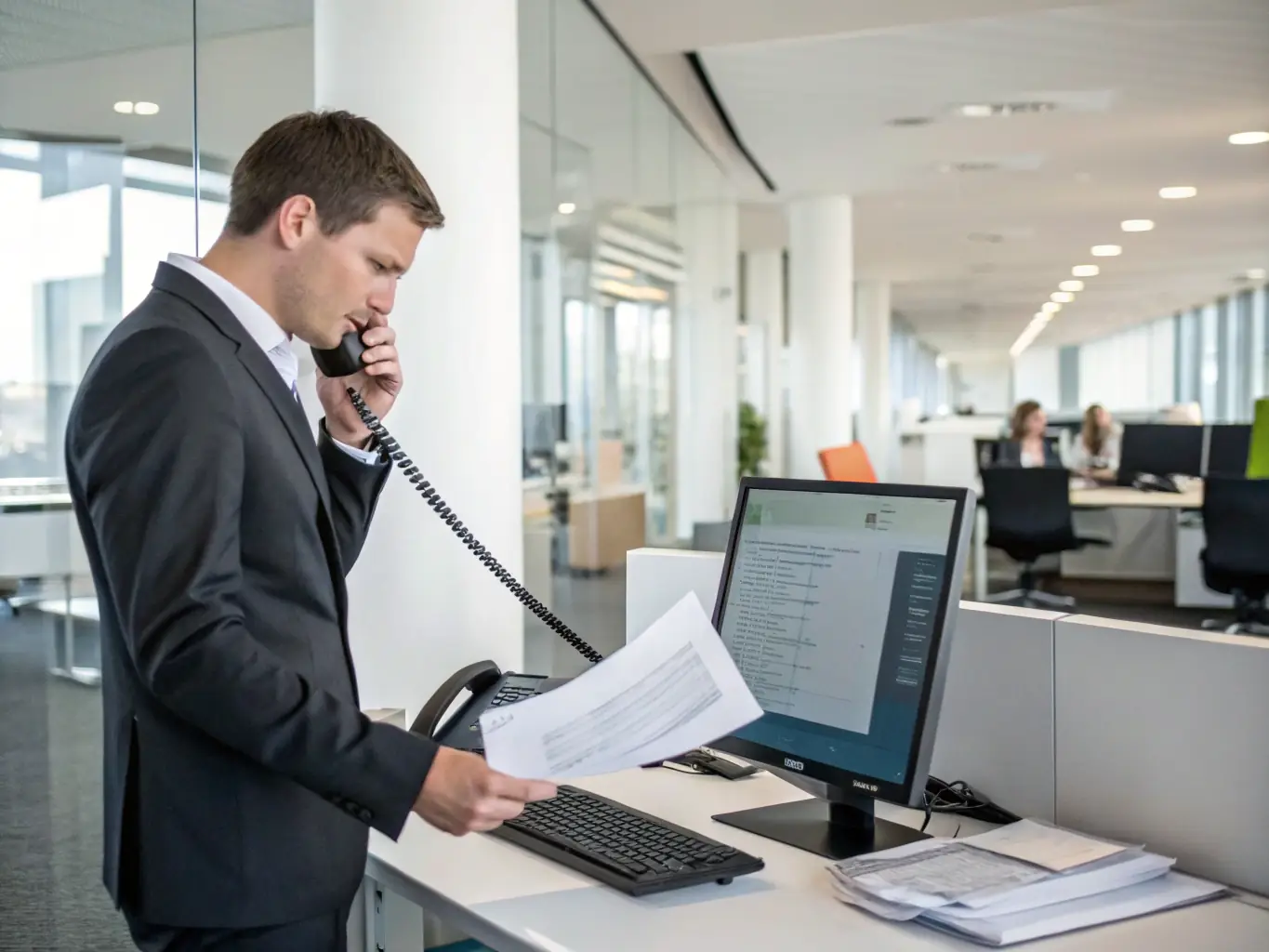 A professional lawyer in a modern office setting, confidently answering a call on a VoIP phone, symbolizing the ability to never miss a billable hour.