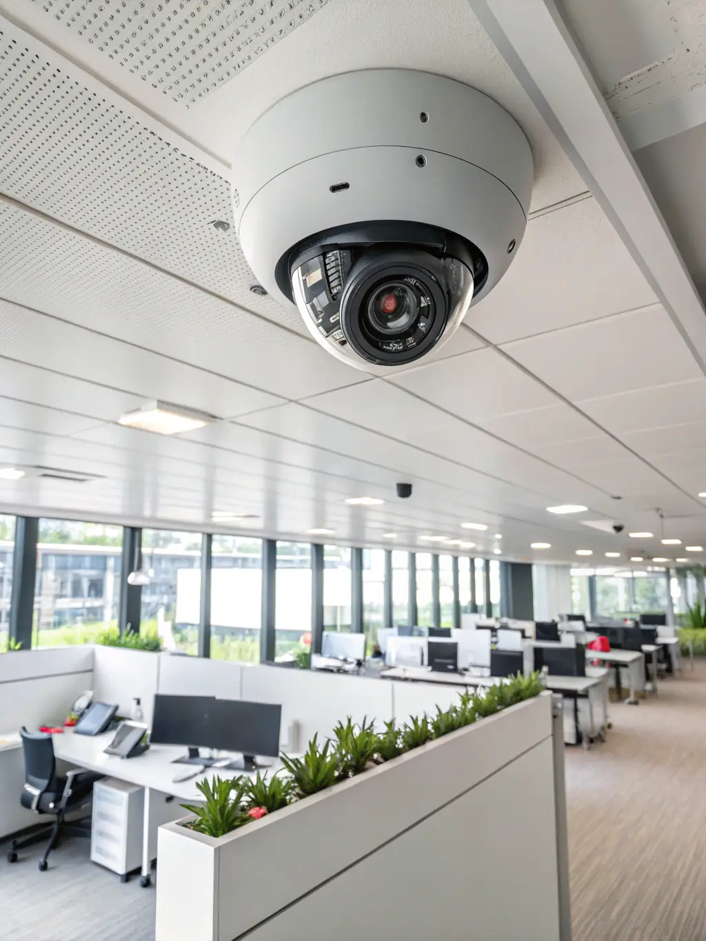 A UniFi Protect G4 Dome camera mounted on an office ceiling, capturing a wide view of the workspace. The image should highlight the camera's discreet design and clear image quality.