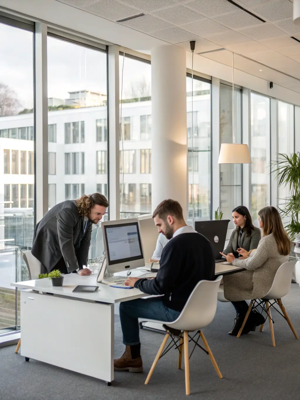 A professional photograph of a modern office space with employees collaborating on IT solutions, showcasing DataTel 360's focus on business needs.