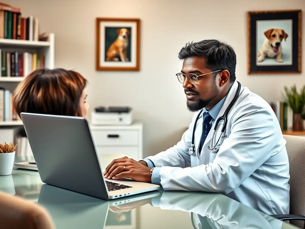 A veterinary receptionist efficiently manages incoming calls using the VoIP system, showcasing the auto-attendant feature with a user-friendly interface on a desktop computer.