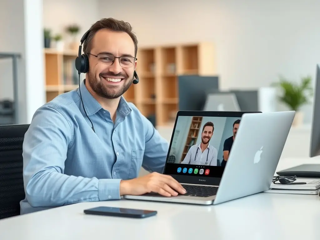 A DataTel 360 technician providing remote support via a secure video call, assisting a client with a software issue on their computer.