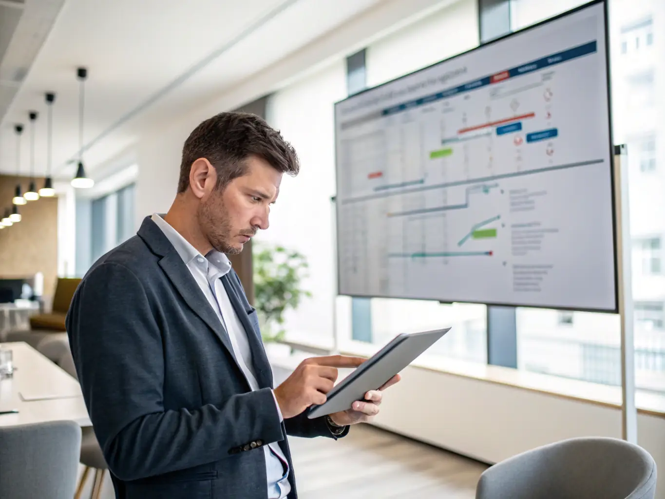 A project manager reviewing a detailed rollout plan with a client in a modern office setting, emphasizing the planning phase of a technology deployment.