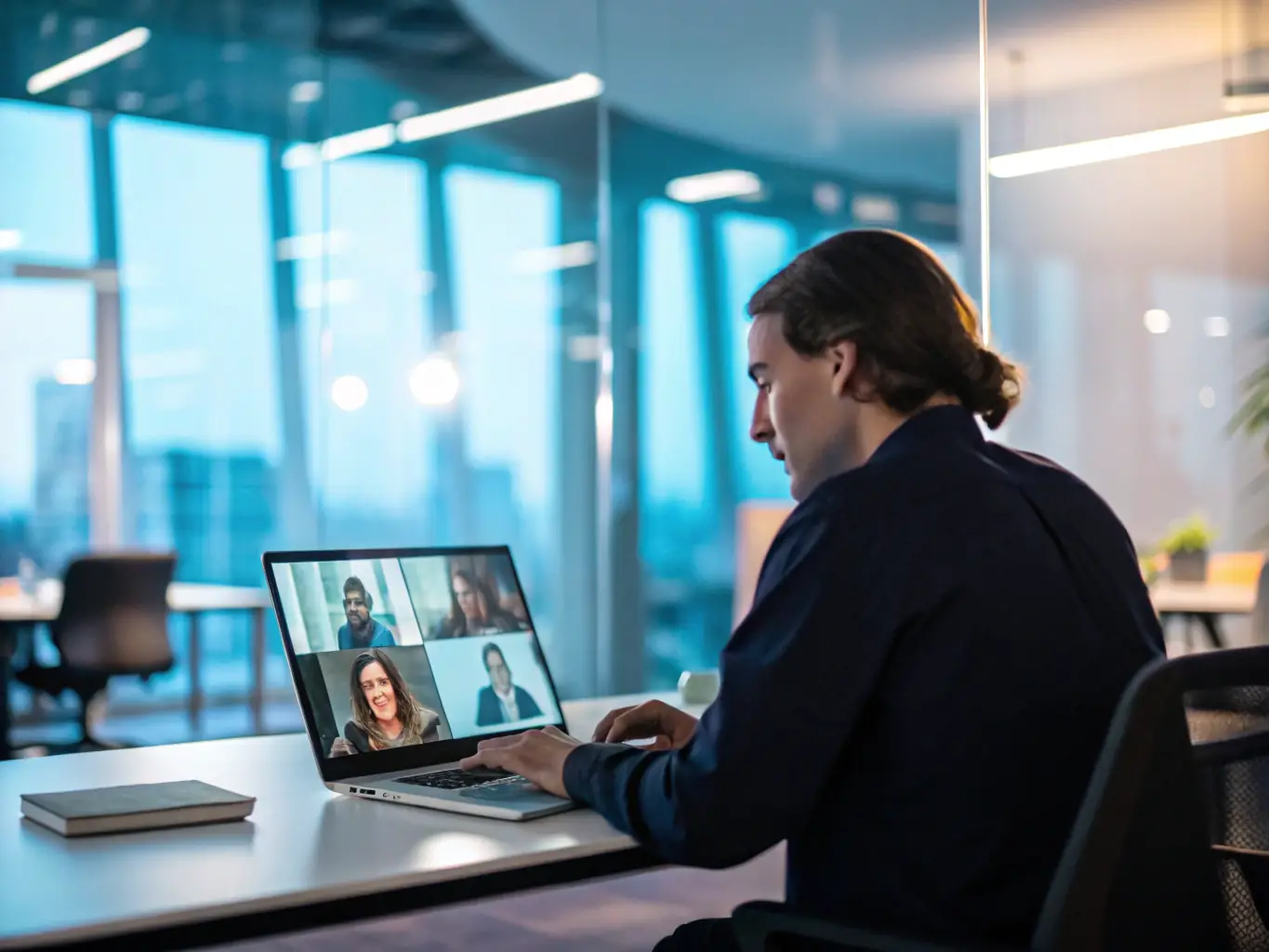 A professional lawyer is conducting a video conference call with a client, showcasing the clear video quality and secure communication features of DataTel 360's VoIP system.
