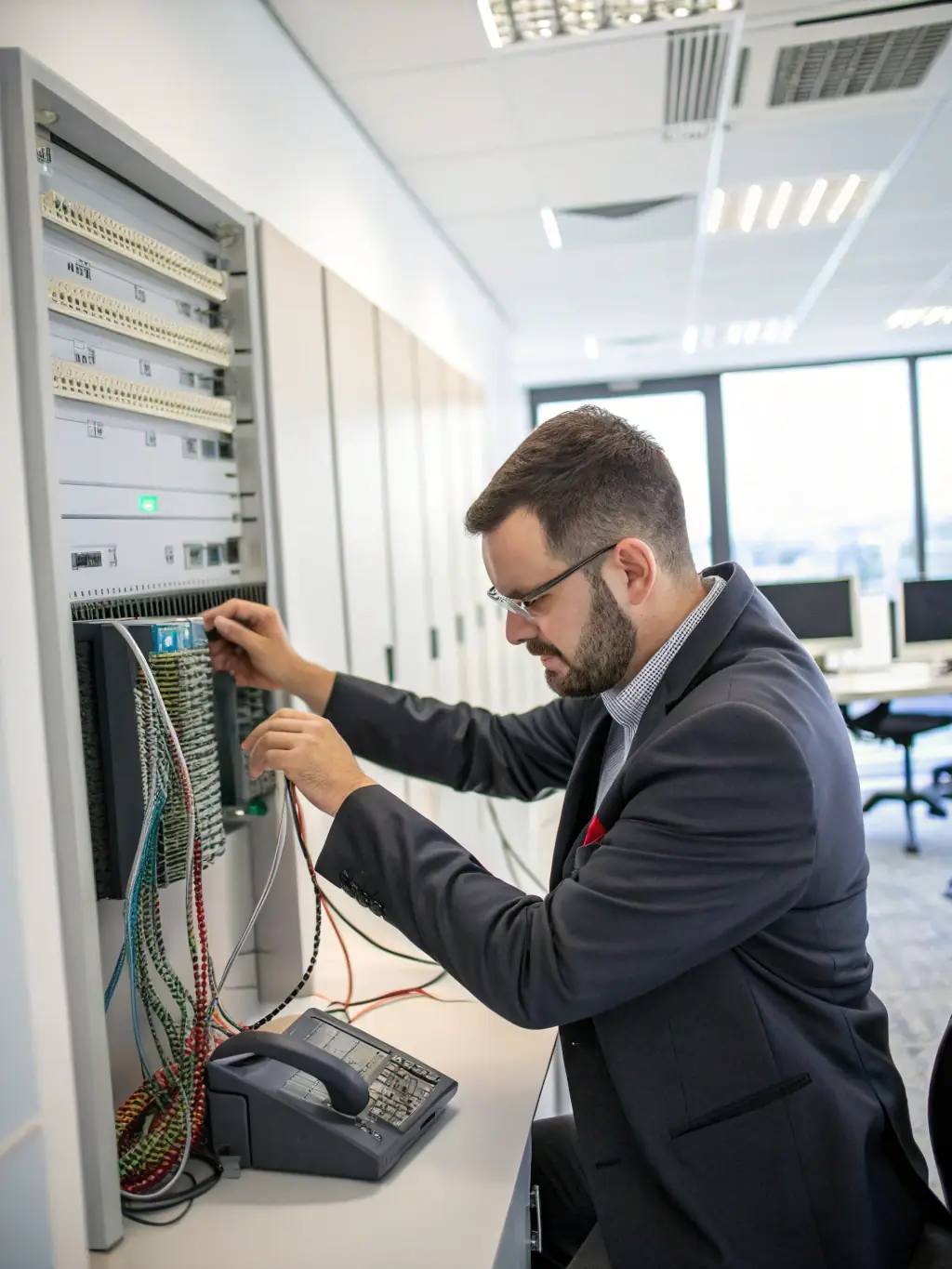 A photo of a DataTel 360 engineer configuring a business VoIP phone system in a new office, ensuring crystal-clear communication from the moment the office opens.
