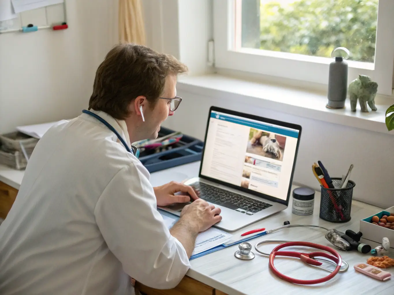 A calm and collected veterinary technician efficiently manages phone calls and client communications using DataTel 360's user-friendly VoIP system, reducing stress and improving focus.