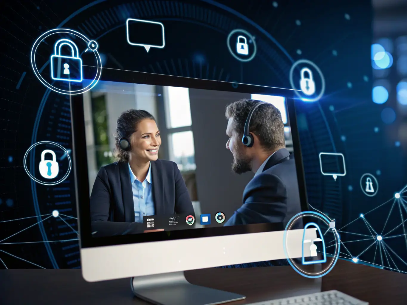 A secure digital lock icon overlaid on a smartphone displaying a video conference call, representing secure communication and data protection.