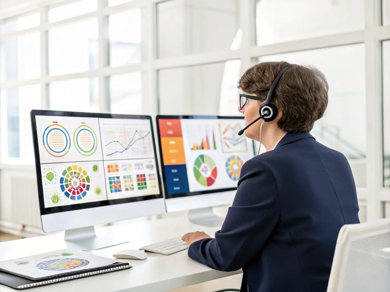 A professional using the Intermedia Unite desktop application on a modern computer in a well-lit office, showcasing the intuitive user interface and seamless integration with other business applications.