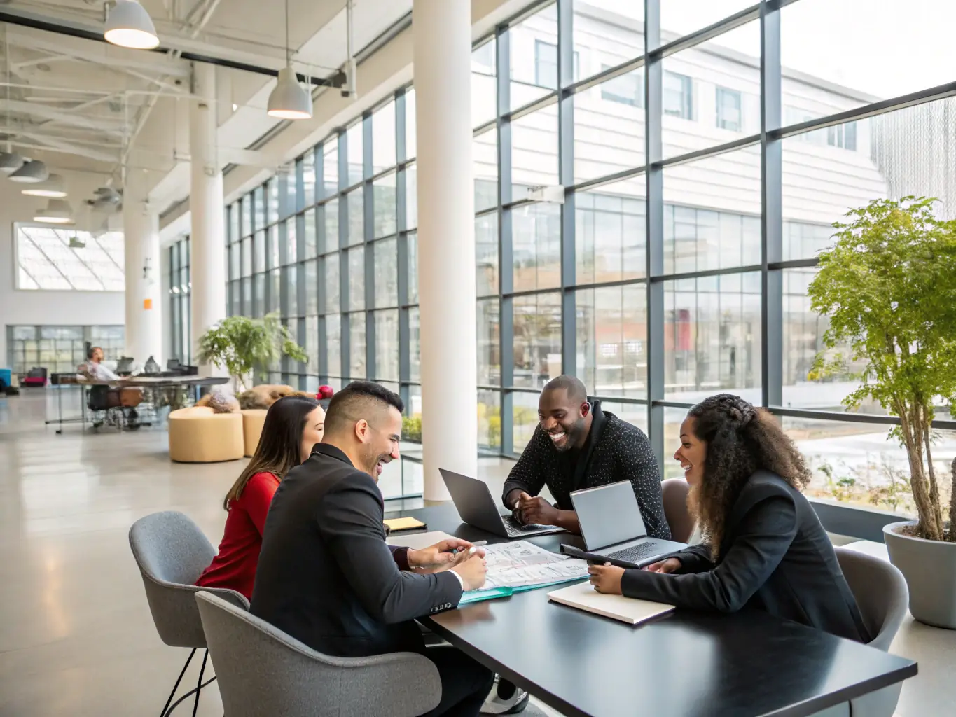 A professional office setting with employees collaborating, highlighting the cost savings of SIP trunking with a subtle overlay of a graph trending downwards.