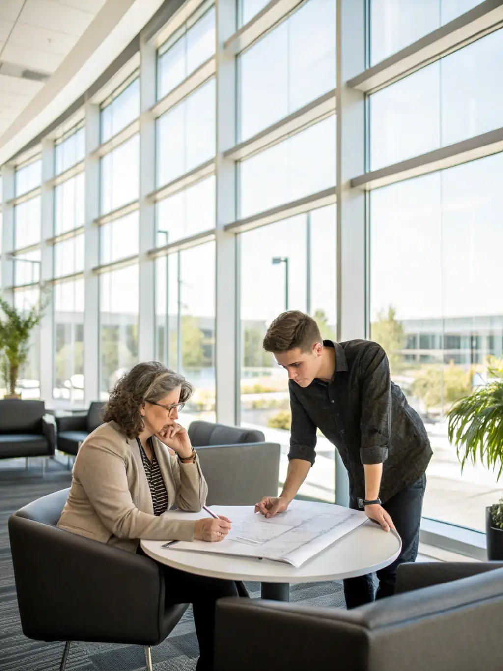 A picture of a DataTel 360 project manager in a meeting with a client, reviewing a detailed relocation plan with timelines and contingency strategies.