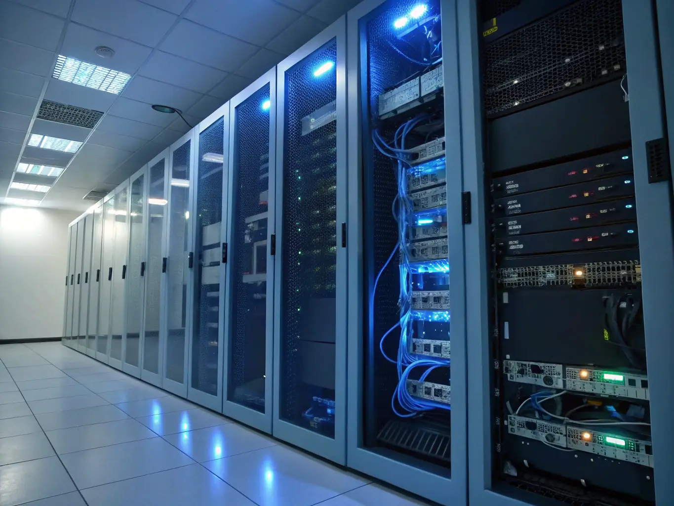 A well-lit server room filled with various networking equipment, showcasing routers, switches, and cabling, symbolizing DataTel 360's expertise in network infrastructure.