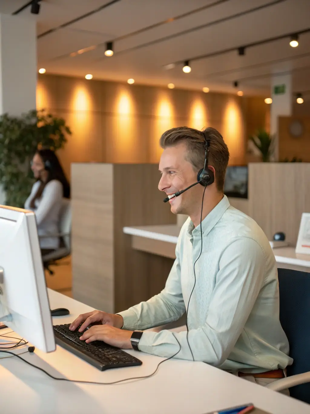 A photograph of a customer smiling while interacting with a service advisor using a tablet connected to the VoIP system.