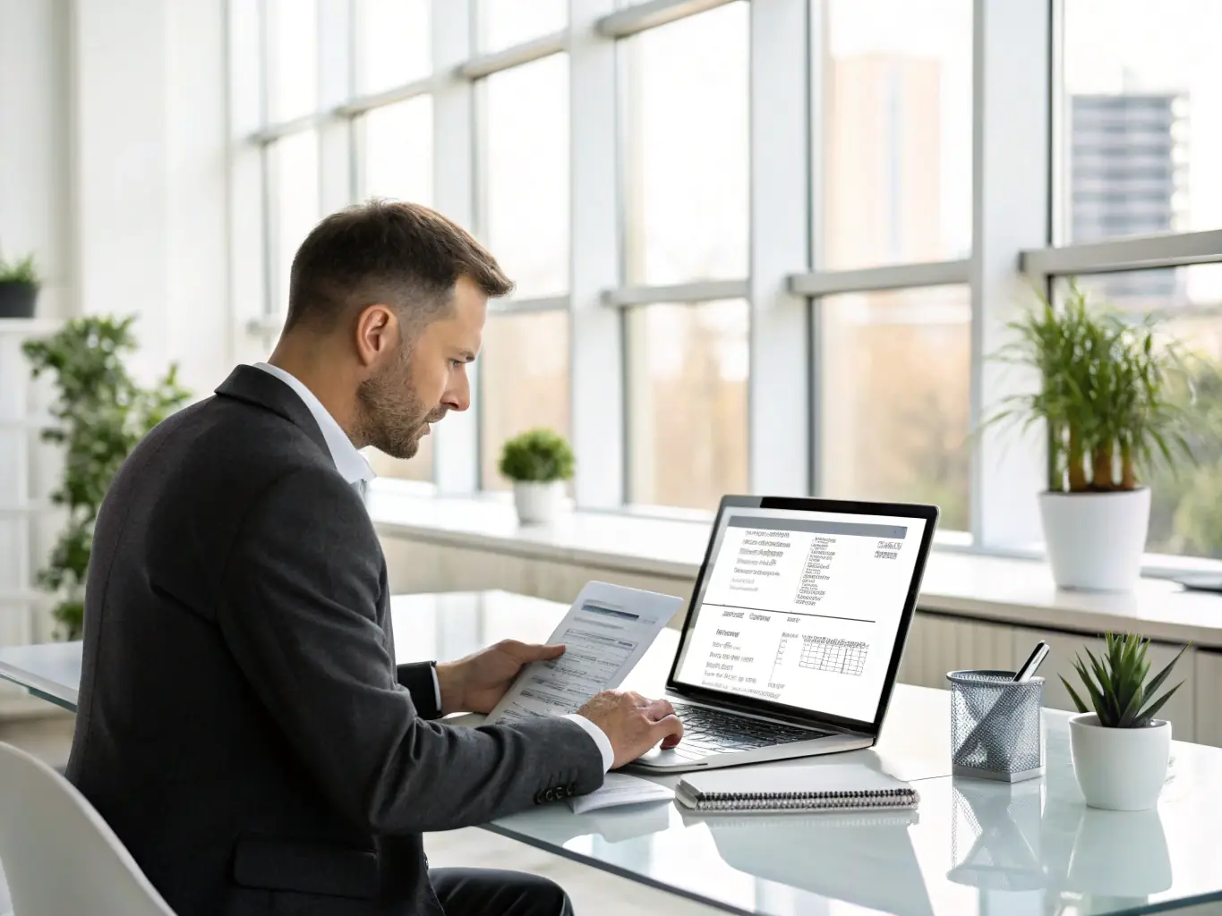 A professional businessman reviewing financial documents in a modern office setting, symbolizing the flexible payment terms offered by DataTel 360.