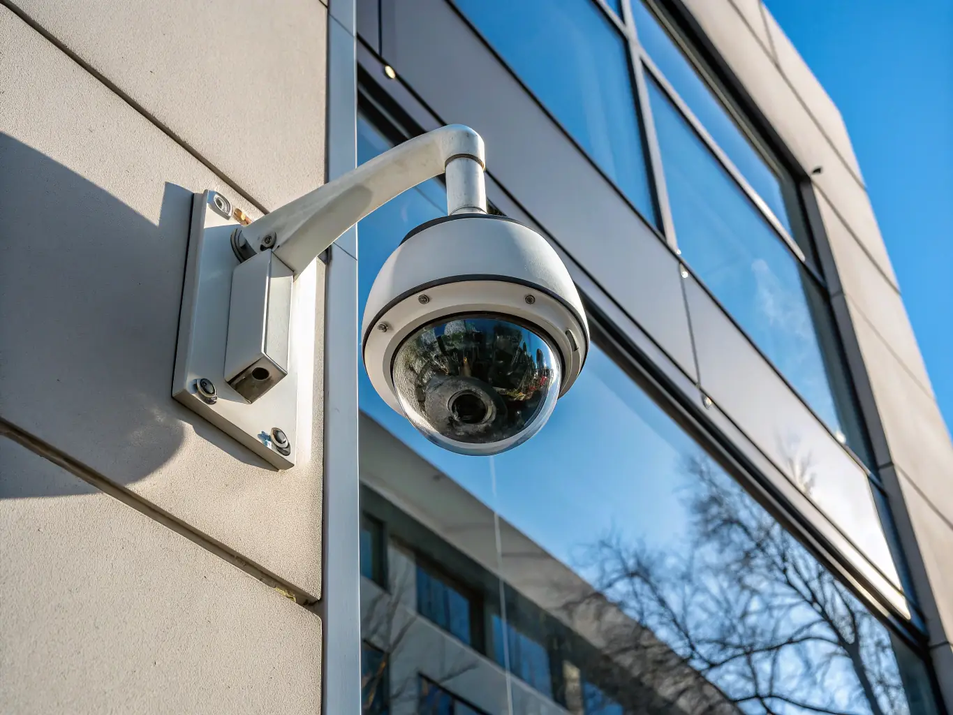 A high-resolution image of an IP security camera mounted on a building exterior, emphasizing DataTel 360's expertise in physical security solutions.