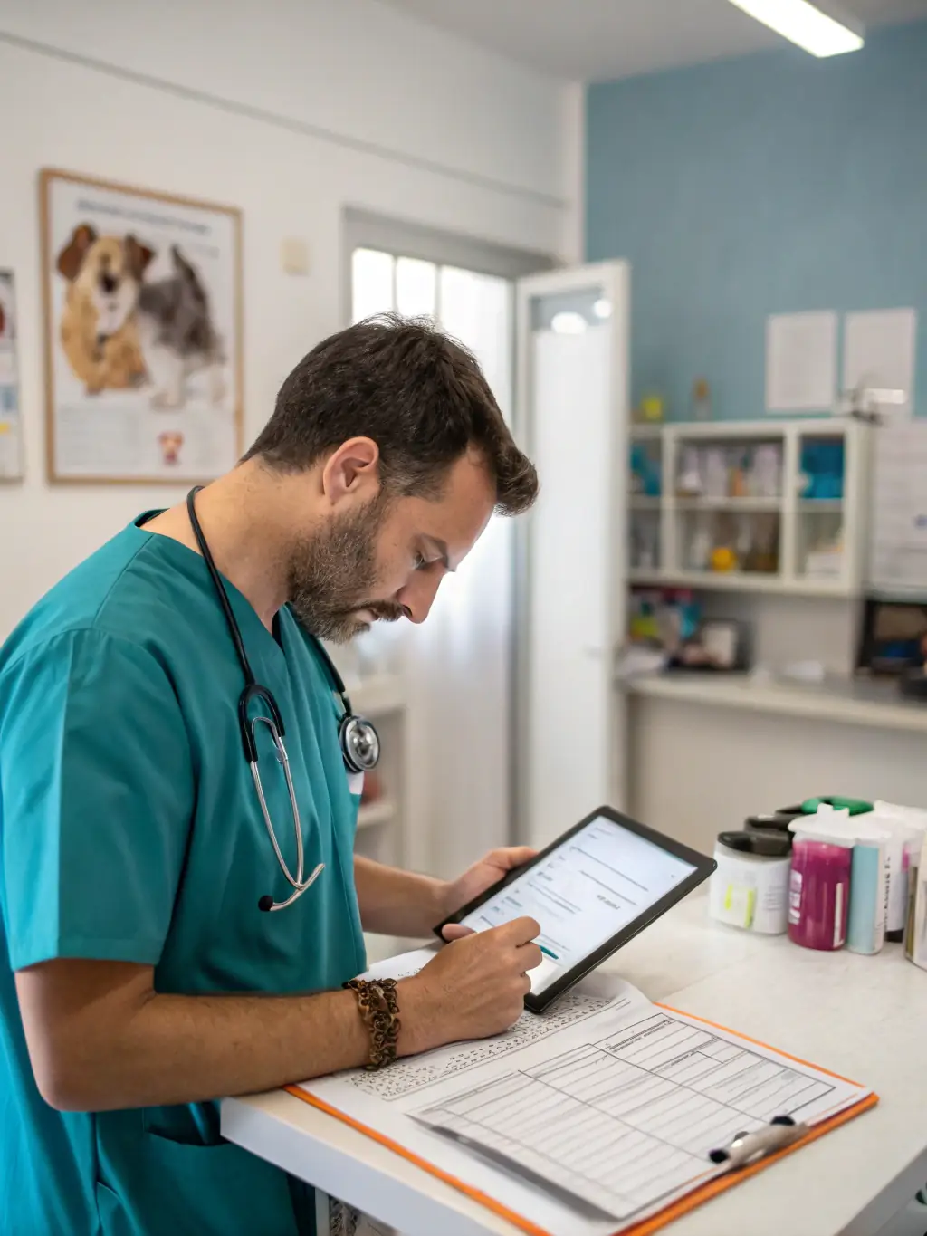 A veterinarian's office with staff using VoIP phones to coordinate appointments and patient care, showcasing efficient communication.
