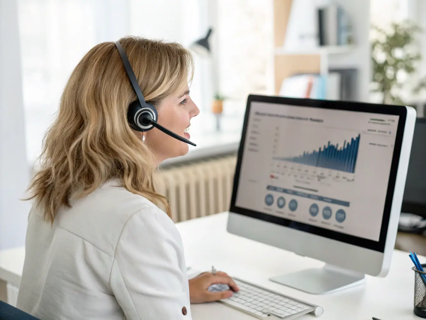 A serene image of a church administrator efficiently managing calls on a modern VoIP phone system, showcasing the ease and professionalism it brings to church communications.