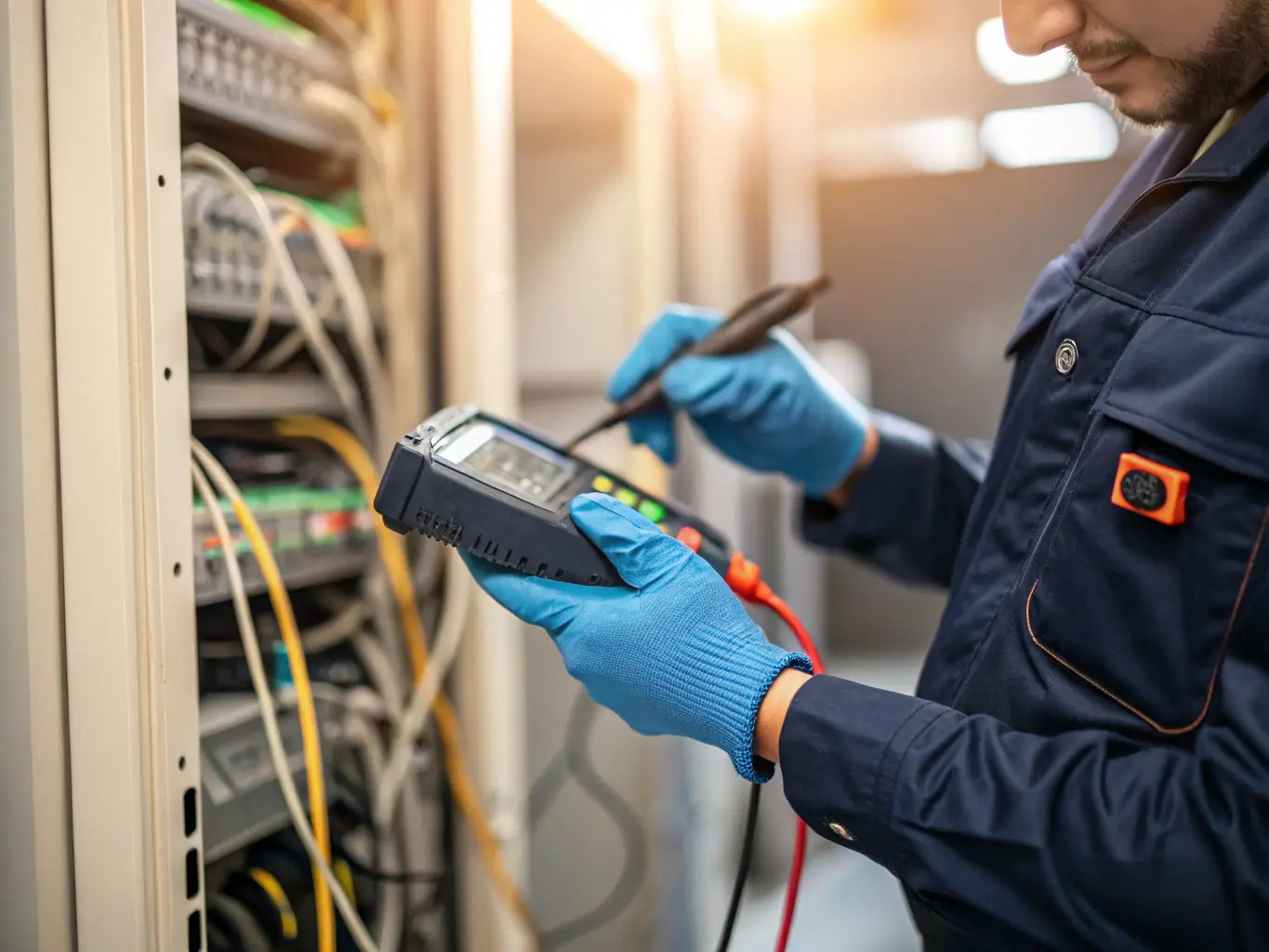 A close-up shot of a technician's hands carefully working on the intricate wiring of a legacy phone system, emphasizing the precision and skill involved.