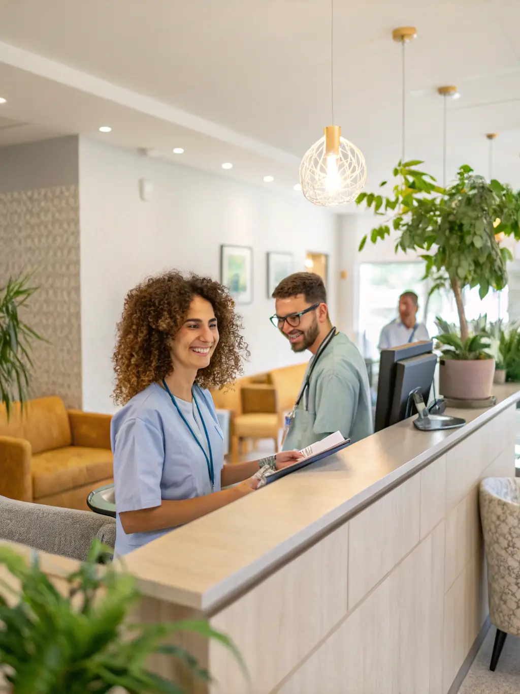 A brightly lit doctor's office with a receptionist efficiently managing calls and patient flow, showcasing improved communication.