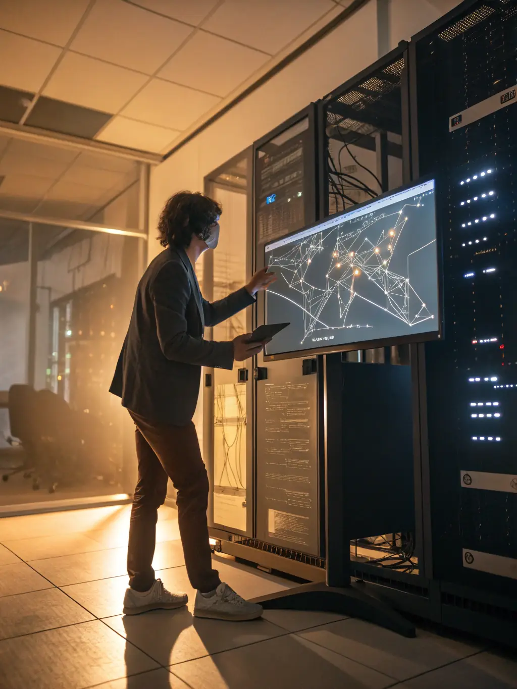 A picture of a network administrator reviewing a detailed network diagram produced by DataTel 360, showcasing the improved network visibility gained from a site survey.