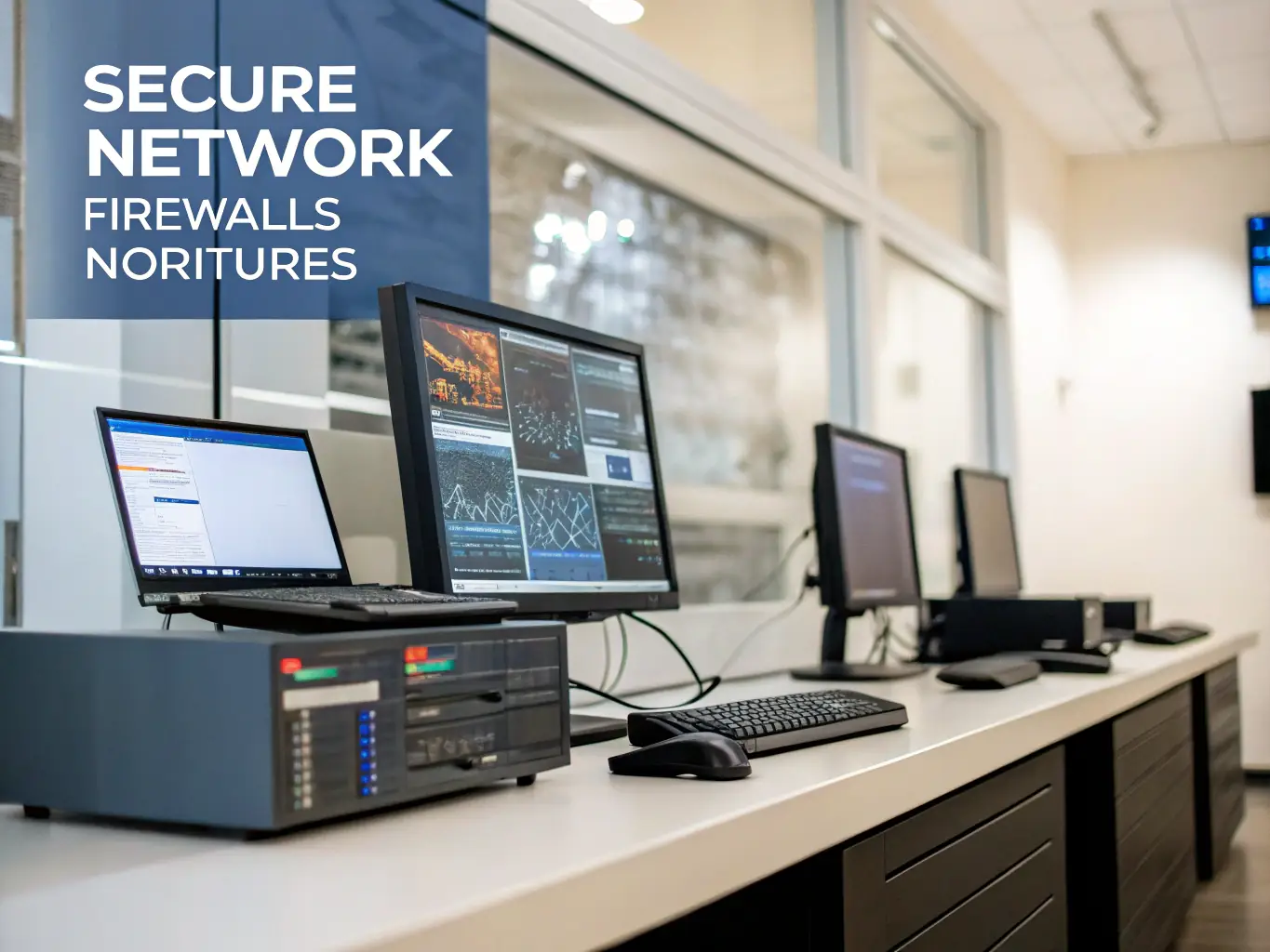 A visual representation of a secure network with firewalls and security protocols, emphasizing data protection and threat prevention.