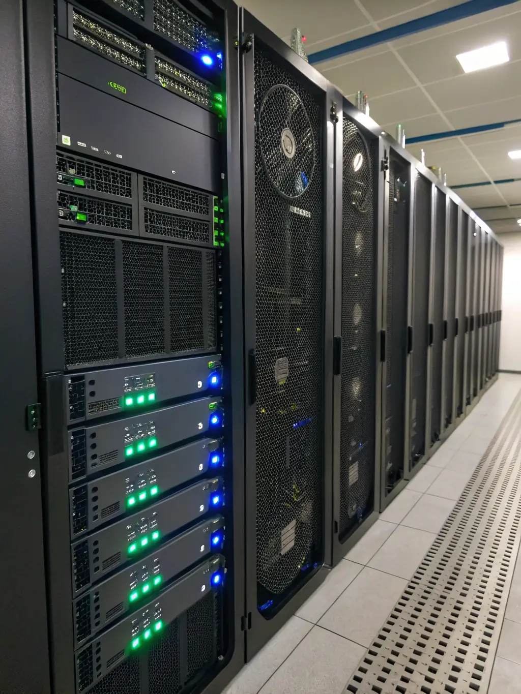 A secure server room with blinking lights, symbolizing cloud-based security and data protection for healthcare information.