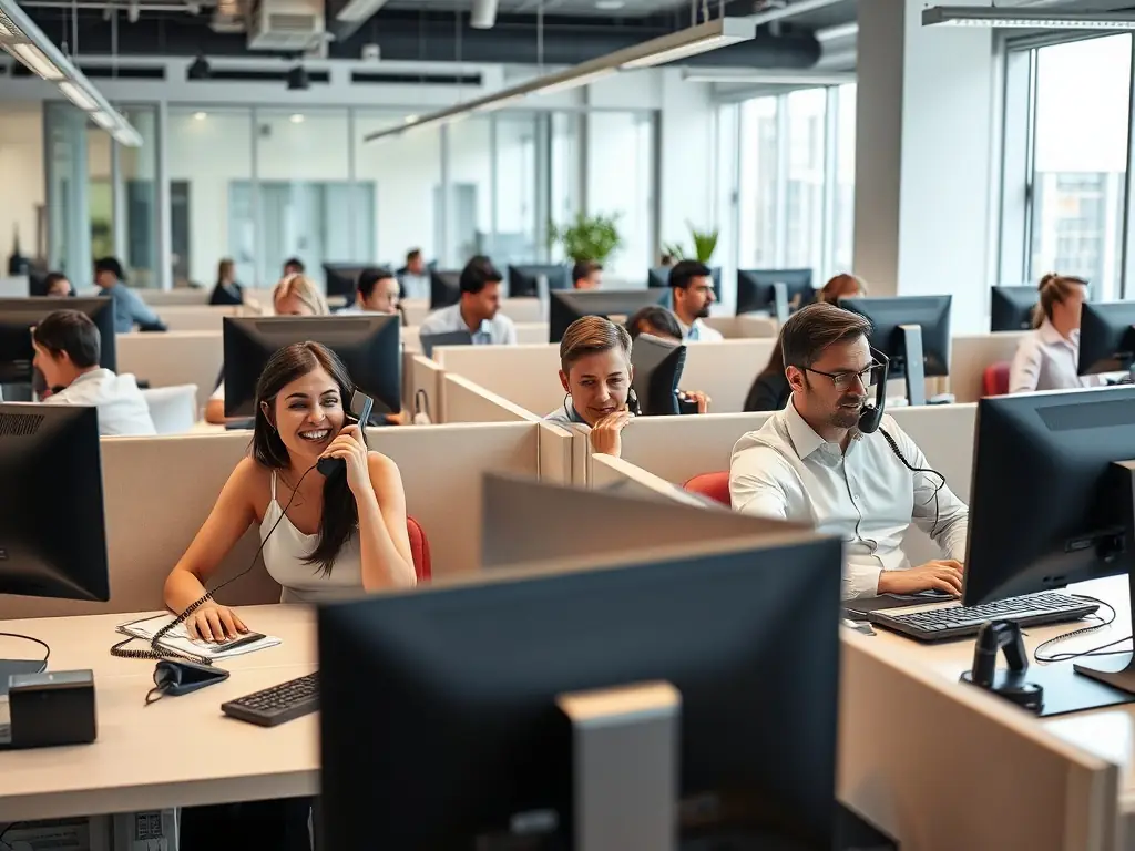 A modern office environment with employees using VoIP phones and computers, showcasing a seamless communication setup.