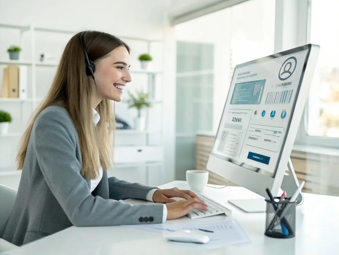 A customer service representative efficiently managing calls using an AI-enhanced contact center interface, demonstrating intelligent call routing and real-time analytics.