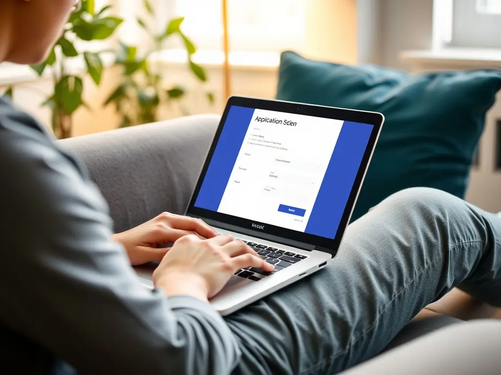 A person happily completing an online form on a laptop, representing the streamlined application process for DataTel 360's financing.