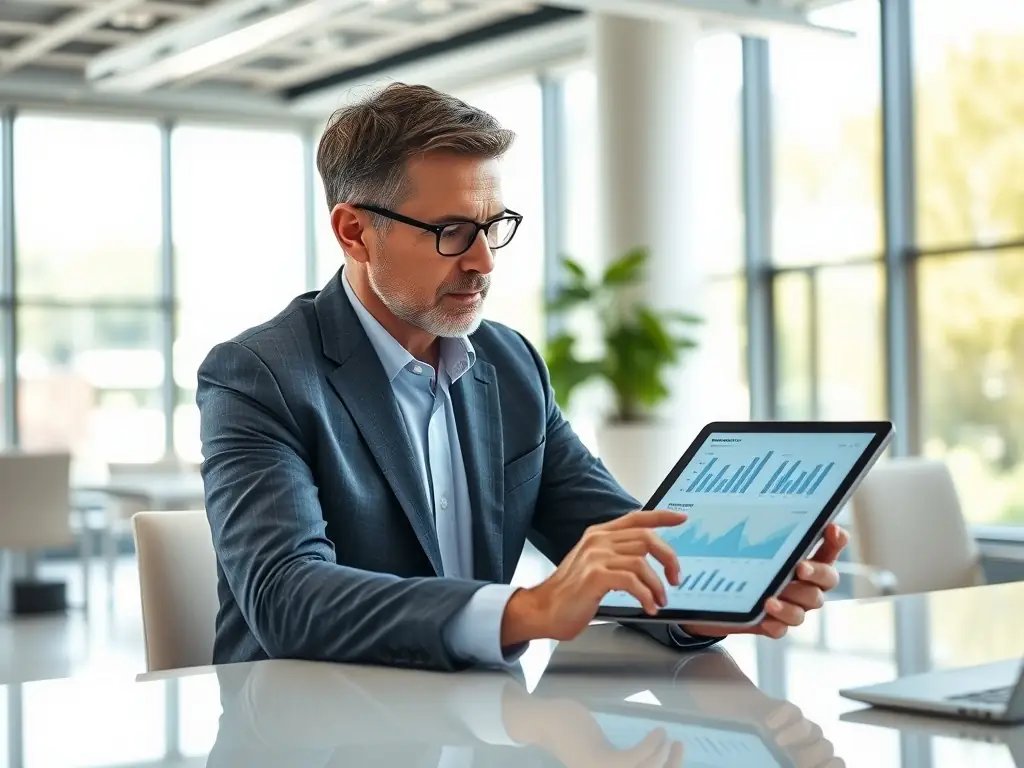 A professional CFO reviewing a detailed telecom expense report at a modern office, highlighting potential savings and areas for optimization.