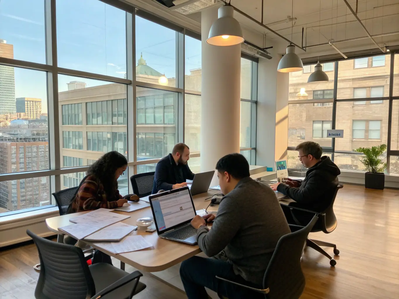 A dynamic team collaborating in a virtual meeting, highlighting the integrated video and team chat capabilities of Intermedia Unite.