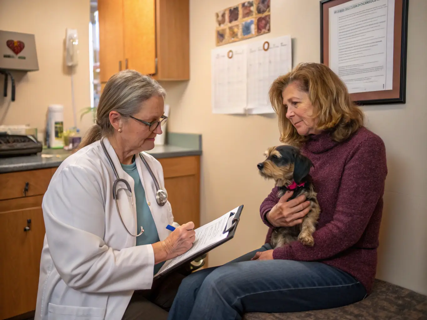 A happy pet owner smiles while interacting with a friendly veterinary staff member, showcasing the improved client experience facilitated by DataTel 360's clear and reliable VoIP communication.