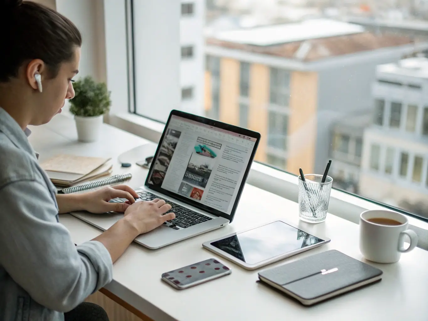 A lawyer working remotely on a laptop with a headset, showcasing the flexibility and mobility offered by a VoIP system.