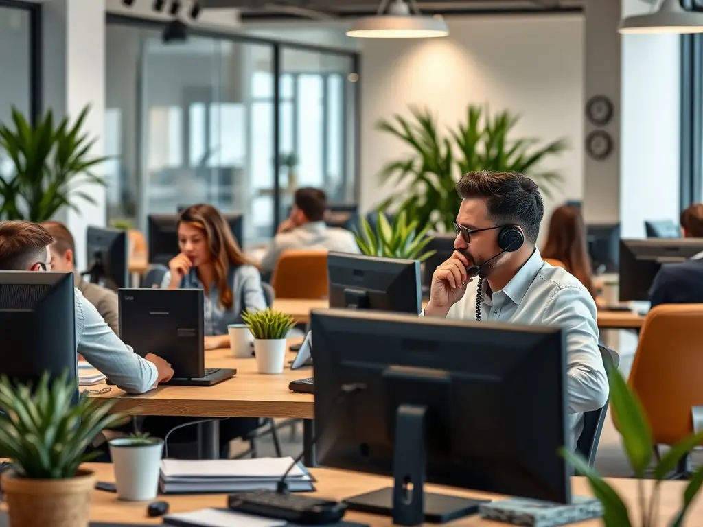 A professional office setting with employees collaborating using a VoIP phone system, showcasing clear voice communication and advanced call management features.