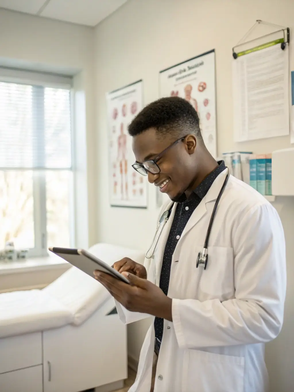 A doctor reviewing patient records on a tablet during a video call, highlighting the flexibility and accessibility of the VoIP system.