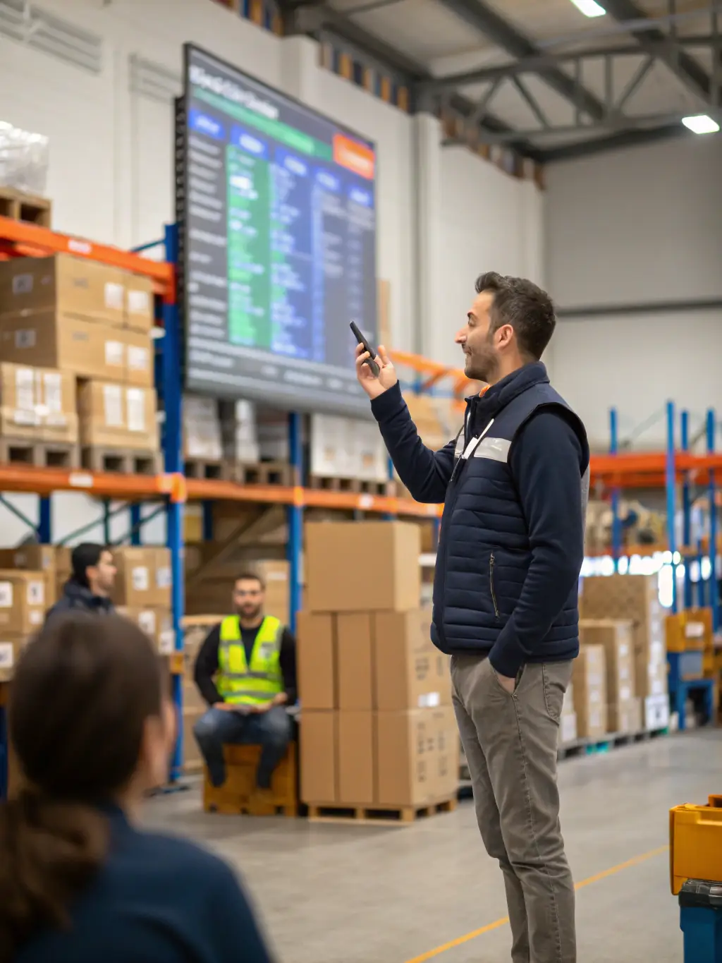 A warehouse worker using a paging system to communicate with other workers in different zones of the warehouse, focusing on the clarity of the audio.