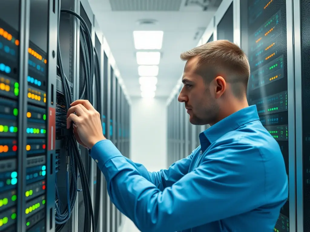 A professional photograph of a DataTel 360 technician working on network cabling in a server room, showcasing their expertise and attention to detail.