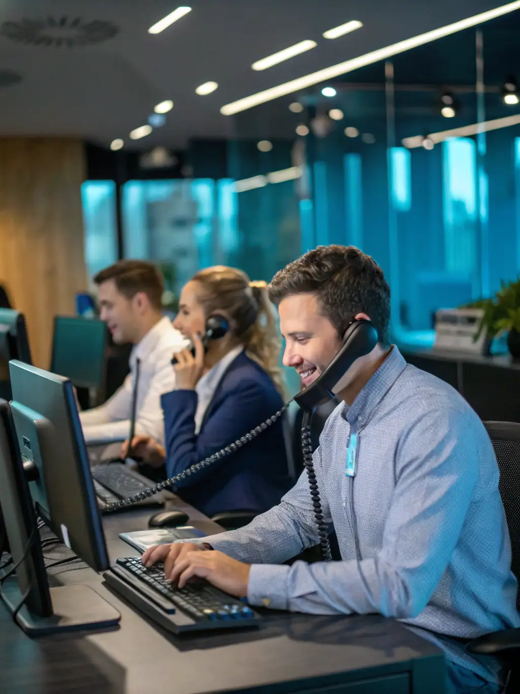 A professional photograph of a dealership's sales team using a VoIP phone system, showcasing a busy but organized sales floor.