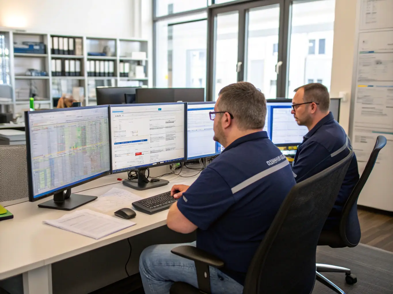 A logistics coordinator using a computer to track equipment shipments and technician schedules, highlighting the coordination phase of a technology rollout.
