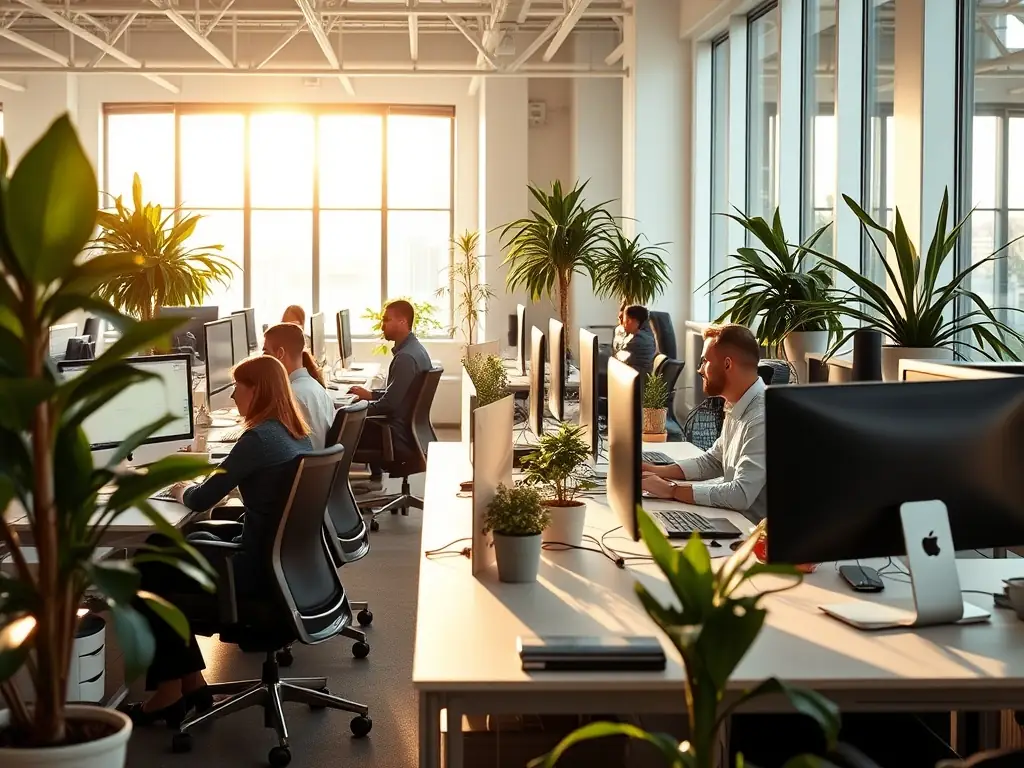 A professional office setting with employees working efficiently, showcasing the reliability of DataTel 360's VoIP system in a busy environment.