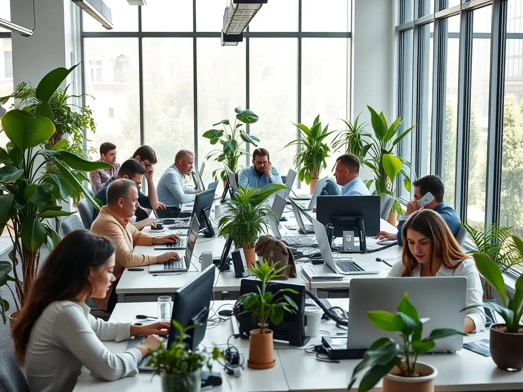A professional photograph showcasing a modern office environment with employees using VoIP phones and collaboration tools, emphasizing the benefits of cloud-based communication systems.