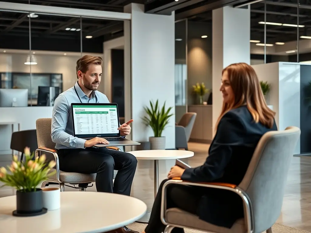 A friendly DataTel 360 consultant explaining financing options to a client in a well-lit office, emphasizing clear guidance and support.