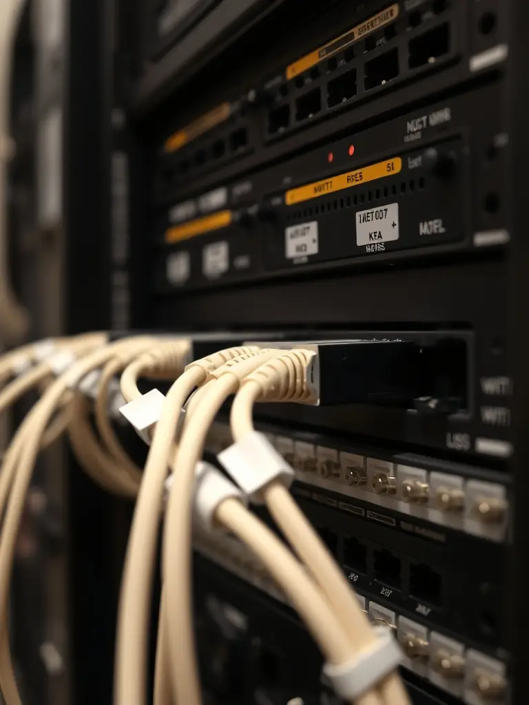 Close-up of labeled cables and ports in a server rack, emphasizing the importance of clear documentation and easy maintenance in DataTel 360's solutions.