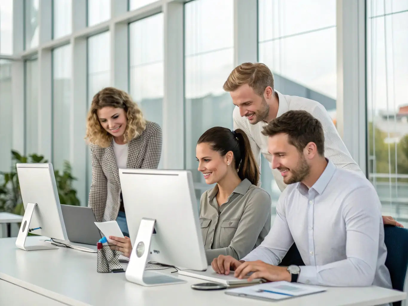 A professional photograph showcasing a diverse team of IT professionals collaborating in a modern office environment, symbolizing the partnership between DataTel 360 and TD SYNNEX.