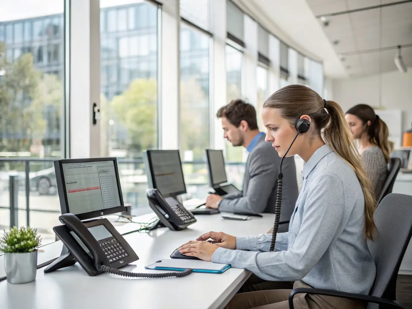A modern IP desk phone with a large display, showing a user navigating through call options. The phone is placed on a clean desk in a modern office setting, emphasizing ease of use and advanced functionality.